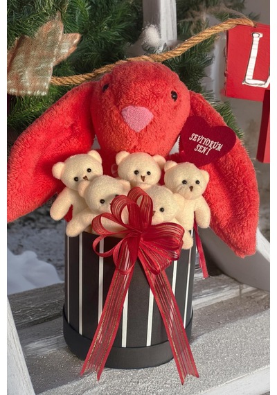 Sole Premium Özel Hediye Kutusunda 45 Cm Mercan Bunny Tavşan Ve 5 Adet Krem Peluş Ayıcık Buketi
