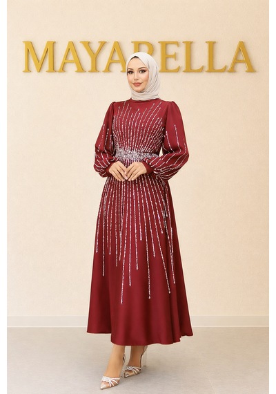 Mayabella İşlemeli Saten Tesettür Abiye Bordo Bordo