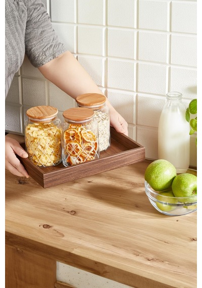 Selka Home - 3'lü Kesme Detaylı Ahşap Kapak Kavanoz 890 Ml
