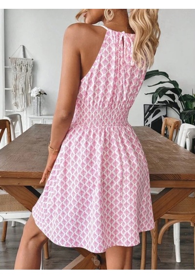 Kadın Omuzlardan Açık Boyun Arkasından Bağcıklı Beli Lastikli Kısa Süprem Elbise Pembe