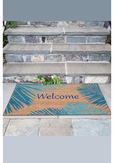 Valerine Life Mavi Palmiye Yapraklı Welcome Hoş Geldiniz Kapı Önü Paspası 45x70cm Mavi