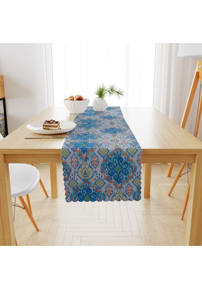Geometrik Desenli Mavi Lacivert Kadife Dokulu Runner 40x180