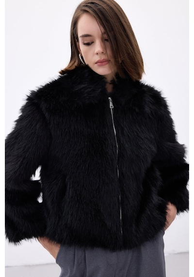 Sateen Fermuarlı Kürk - Siyah-136671 Siyah