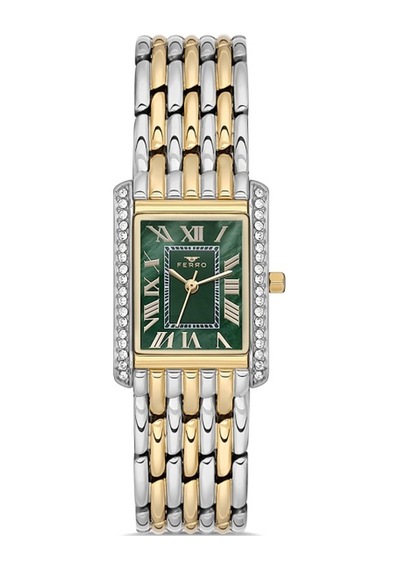 Ferro Fl21483a-d6 Quartz Çelik Altın/gri Yeşil Kadran 22 Mm Kadın Kol Saati Gri