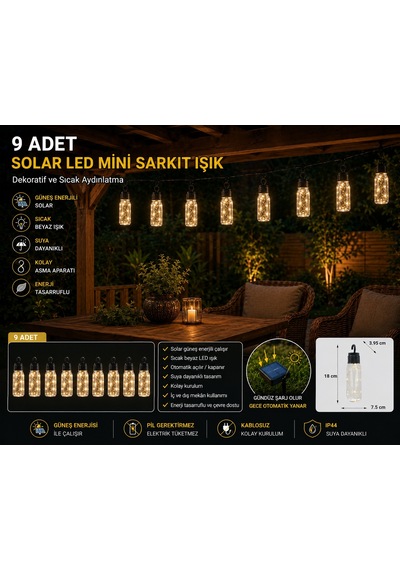 9 Adet Solar LED Şişe Sarkıt Işık Güneş Enerjili Bahçe Balkon Teras Çardak Dekoratif Aydınlatma Lambası IP44
