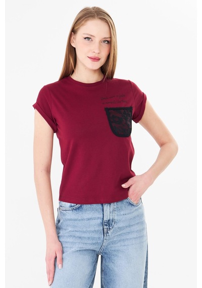Sortie Collection Dantel Cepli Yazı Baskılı Katlama Kollu Tshirt Bordo