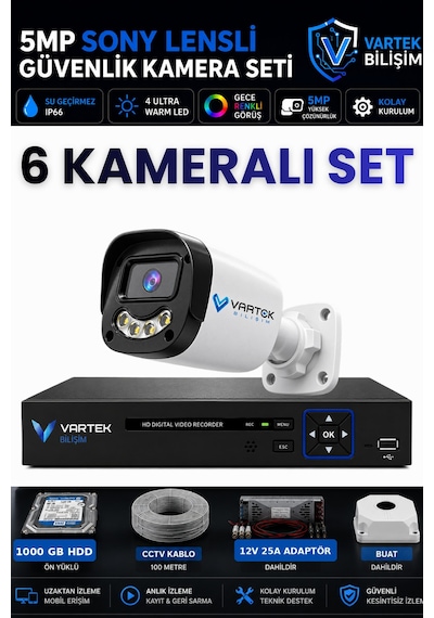 6 Kameralı Full Hd Güvenlik Kamera Seti 1000 Gb Hdd 5mp Gece Renkli Görüşlü - Sabit Ip Gerektirmez
