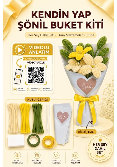 Sarı Lilyum Buketi Kendin Yap Dıy Kiti 65 Adet Şönil İçerir Hobi Ve Hediye Seti