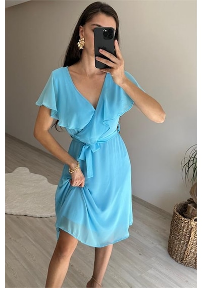 Neşeli Butik Kadın V Yaka Kuşaklı Mini Şifon Elbise Nm007 Bebe Mavisi