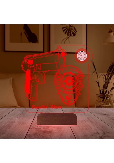 Luvivia Polis Logo Tasarımlı Hediye Kişiye Özel Metal Saatli 3d Lamba - Masa Gece Lambası Şeffaf