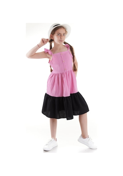 Ahengim Kız Çocuk Düğmeli Şapkalı Yazlık Elbise Ak2516 Pembe