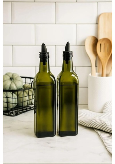 2'li Silikon Tıpalı Yeşil Cam Yağdanlık Sosluk Yağ Şişesi 29 Cm 500 Ml Çok Renkli