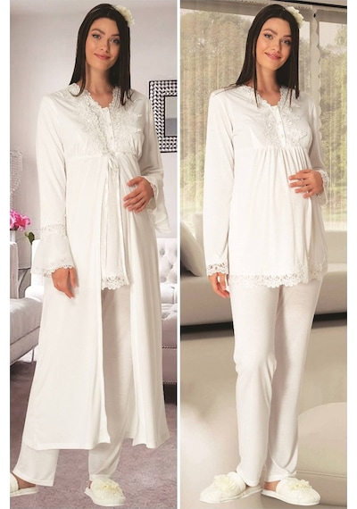 Lohusa Sepeti Lohusasepeti 1517 Dantelli Sabahlıklı Lohusa Pijama Takımı 001