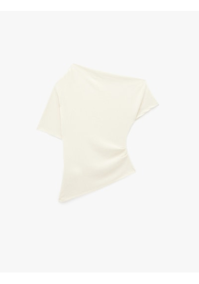Koton Krep Kumaş Slim Fit Açık Omuz Asimetrik Yaka Kısa Kollu Bluz Sarı 6sak70027ek