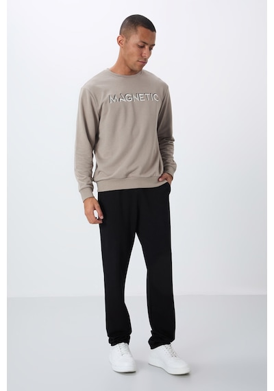 Tommy Life Camel Yazı Nakışlı O Yaka Rahat Form İçi Polarlı Erkek Sweatshirt - 88020 CAMEL