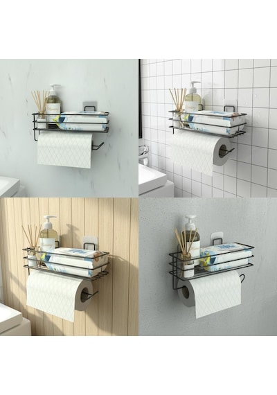 Yapışkanlı Raflı Kağıt Rulo Havluluk Peçetelik Havlu Kağıtlık Siyah Banyo Mutfak Düzenleyici Ra