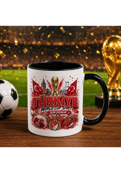 Bk Gift Türkiye Taraftar Temalı Dünya Futbol Kupası Tasarımlı Siyah Kupa Bardak-9 Tek Yürek Milli Takım Ruhu Beyaz