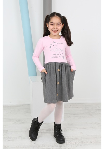 Toontoy Kız Çocuk Beauty Love Baskılı Elbise Pembe