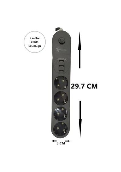 4lü Siyah Anahtarlı 3 Usb Li Akım Korumalı Topraklı Çocuk Korumalı Grup Priz 2 Metre Diğer