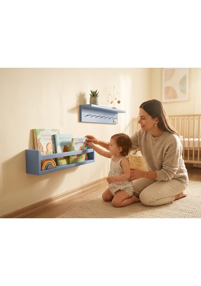 50 CM İkili Montessori Ahşap 50x10 Cm Duvar Rafı, İsme Özel Çocuk Odası Kitaplık Ve Askılık, Dekoratif Duvar Rafı, İkili Montessori Ahşap Çocuk Rafı. Mavi