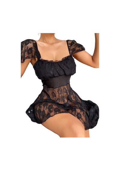 Majeur Kadın Closet Alt Kısmı Tül Üst Kısmı Jarse Mini Siyah Gecelik Takımı