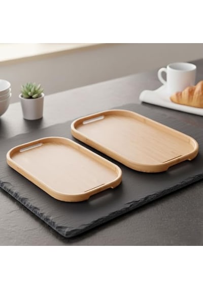Bambu Servis Tepsisi 2'li Set 33x22 Cm Ve 40x28 Cm Dikdörtgen Bambu Tepsi Çok Renkli