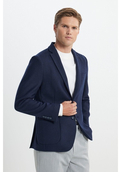 Ac&Co / Altınyıldız Classics Erkek Lacı Yünlü Slim Fit Dar Kesim Mono Yaka Armürlü Torba Cepli Ceket Lacı Lacivert