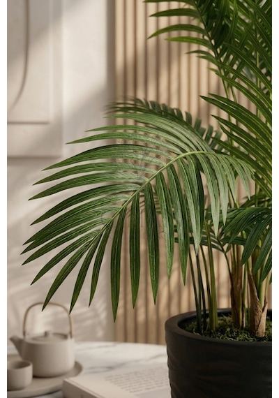 Cihan Çiçekçilik Areka 150 Cm 12 Yaprak Yapay Ağaç 56x30x20 Antrasit Kumsal Saksı Beyaz- Yeşil