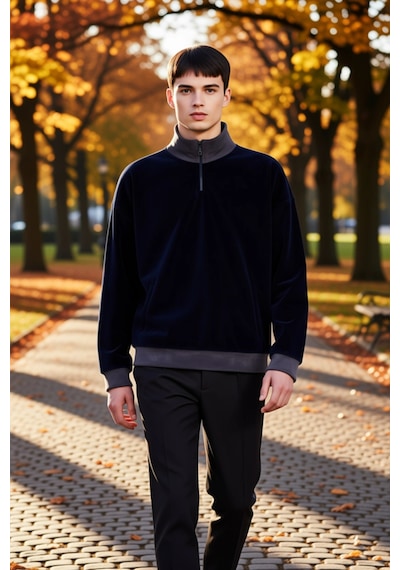 Benerly Erkek Dik Yaka Fermuar Detaylı Düşük Kol Polar Sweatshirt Fonksiy Lacivert