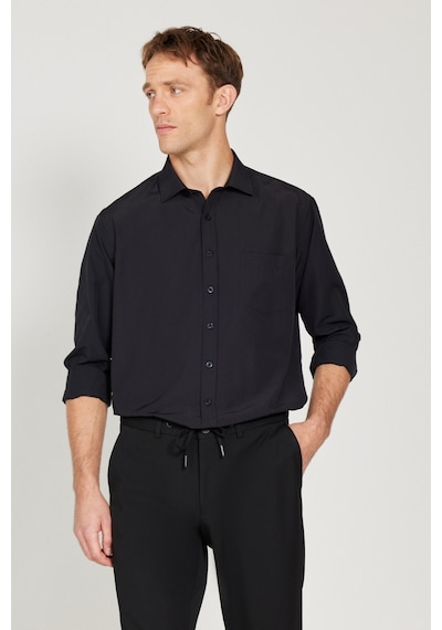 AC&Co / Altınyıldız Classics Erkek Sıyah Kolay Ütülenebilir Comfort Fit Geniş Kesim Klasik Yaka Gömlek Siyah