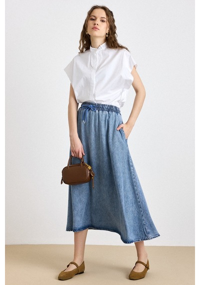 Olcay Beli Lastikli Soft Denim Etek Mavi 7068