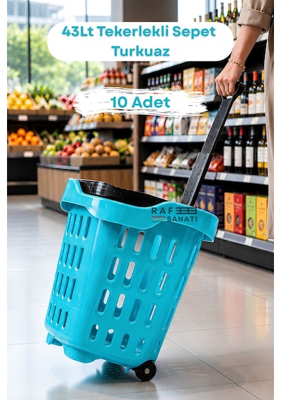 10 Adet - 43 Lt Tekerlekli Market Sepeti Plastik Alışveriş Sepeti Ergonomik Çift Saplı Turkuaz