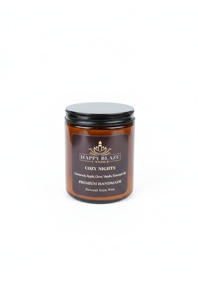 Cozy Nights Tarçın & Vanilya Kokulu El Yapımı Doğal Soya Mumu Happy Blaze Candle Amber