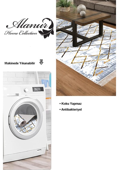Dekoreko Kaymaz Taban Djt Salon Halısı Trend Saçaklı Modern M5026 Mavi