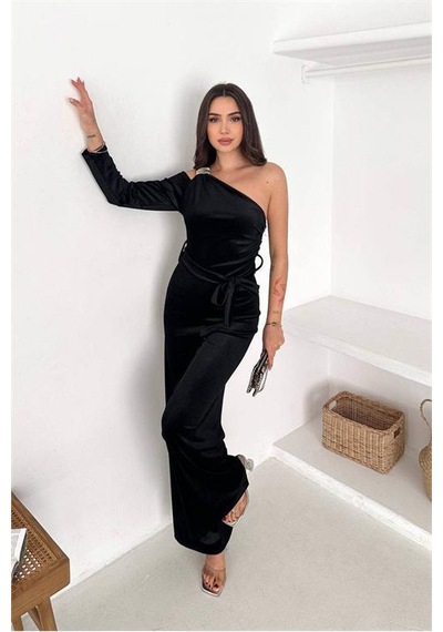 Neşeli Butik Kadın Siyah Kuşaklı Tek Omuz Kadife Kumaş Tulum Nbk068 Siyah