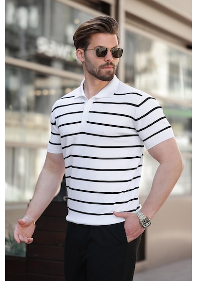 Madmext Beyaz Çizgili Polo Yaka Erkek T-shirt E7405 Beyaz
