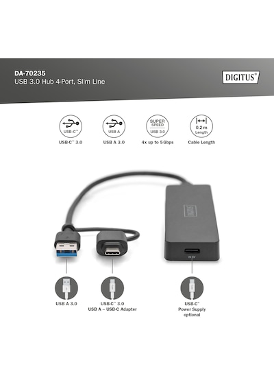 Usb 3.0 Hub, 4 Port, Slimline Usb-c Adaptörlü, 5gbps, 0,2 M Ka...