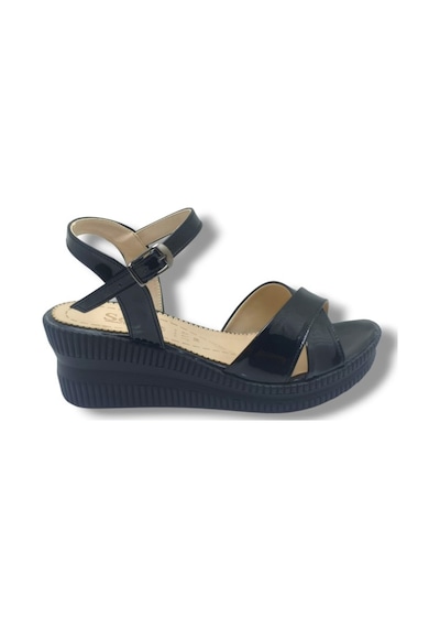 Selfie 4252-26 Rugan Çapraz Bant Dolgu Taban Fashion Kadın Sandalet 6cm Siyah