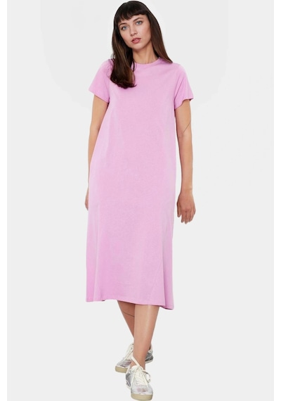 Ersefa Nefes Alan Pamuklu T Shirt Elbise Midi Boy Cep Detaylı Modern Sti Pembe