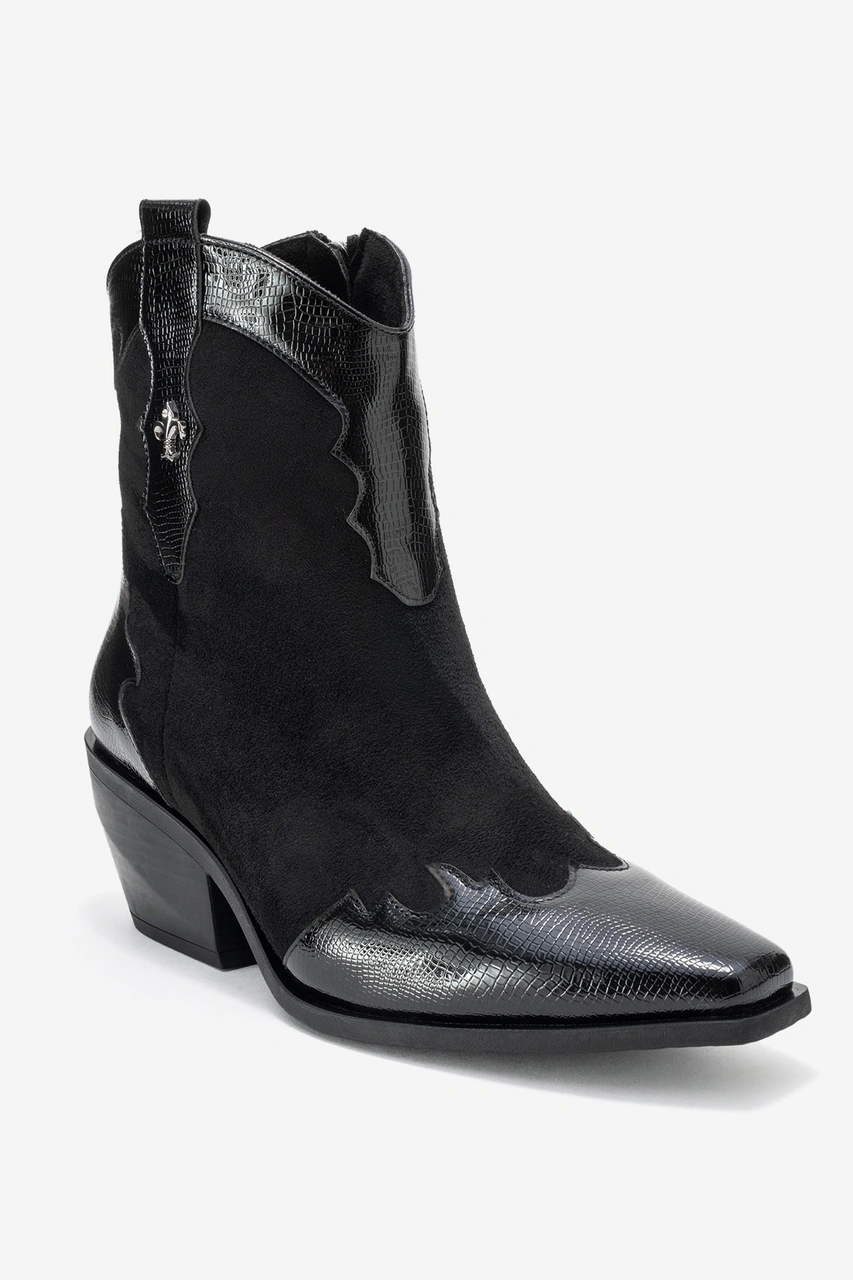 Luvishoes Luvi Shoes Loel Siyah Süet Siyah Desenli Kadın Kalın Topuklu Western Bot Siyah - Süet