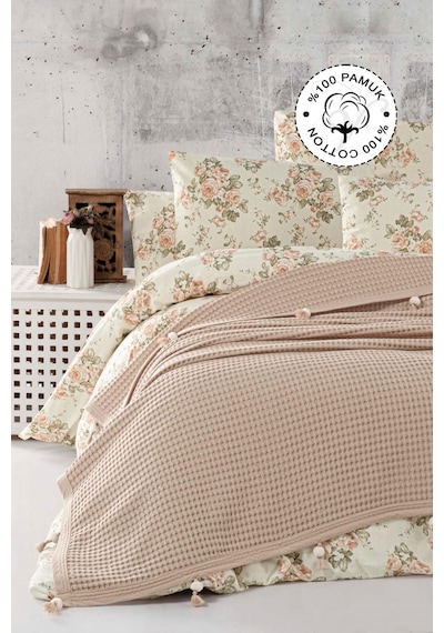 Vionel Home Pamuklu Waffle Desen Ponponlu Çift Kişilik Pike Kahverengi