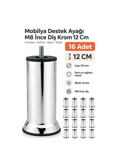 16 Adet Mobilya Kanepe Koltuk Baza Yatak Çekyat Yükseltme Ayağı M8 Ince Diş Metal Ayakları 12 Cm Gri