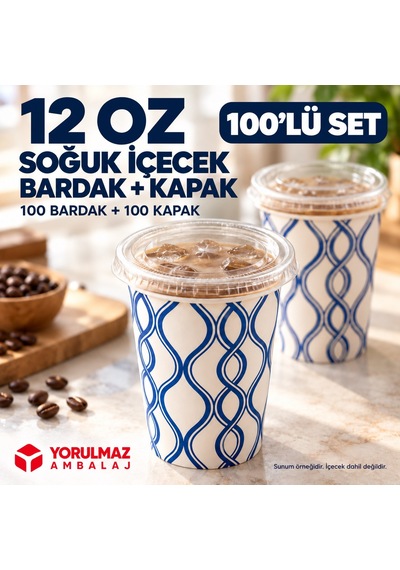 12 Oz Kapaklı Karton Bardak 100 Adet Soğuk İçecek Uyumlu Sızdırmaz Kağıt Bardak 50