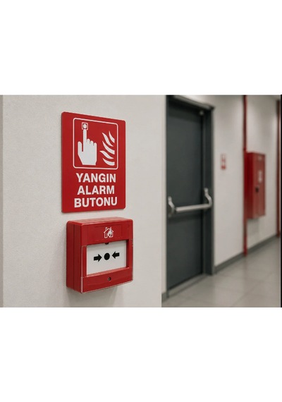 Yangın Alarm Butonu Uyarı Levhası Folyo Yapışkanlı A4