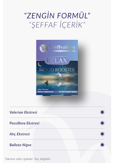 Wellvalens Relax Alıç Passiflora Valerian Bitkisel Gıda Takviyesi 30 Tablet