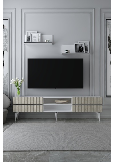180dhdtrür5btg Tedy Lazer Pleksi Desenli Raflı Tv Sehpası Ünitesi Beyaz-traverten-gümüş 180dhdtrür5btg Tedy Lazer Pleksi Desenli Raflı Tv Sehpası Ünitesi Beyaz-traverten-gümüş