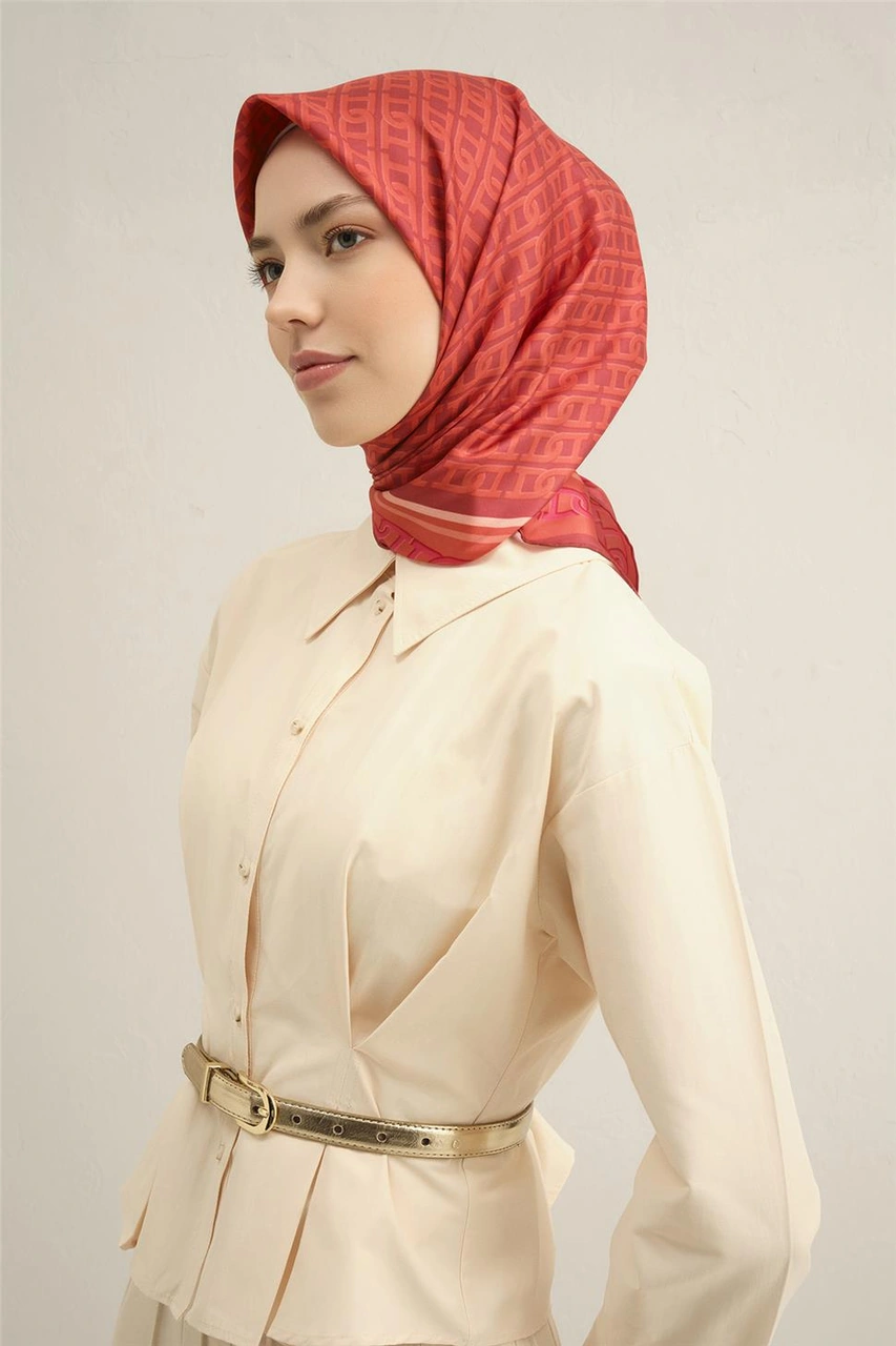 Armine Klasik Desenli Saf İpek Sura Eşarp 9301d 04 Kırmızı