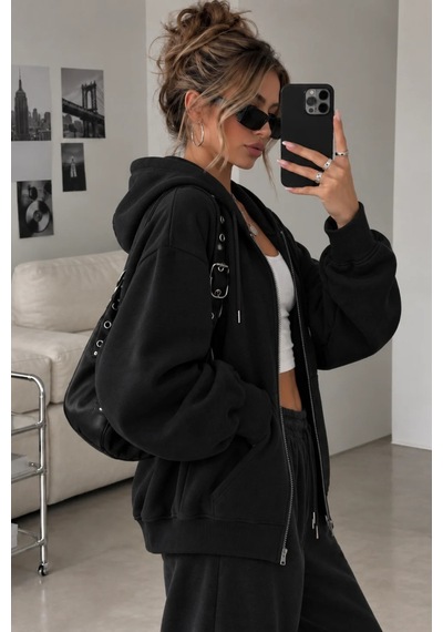 Cool Tarz Kadın Oversize Kapüşonlu Fermuarlı Sweatshirt 3 İplik Şardonlu Cepli Siyah Siyah Cool Tarz Kadın Oversize Kapüşonlu Fermuarlı Sweatshirt 3 İplik Şardonlu Cepli Siyah Siyah