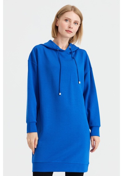 Desen Triko Kadın Kapüşonlu Sweat Elbise Saks Saks
