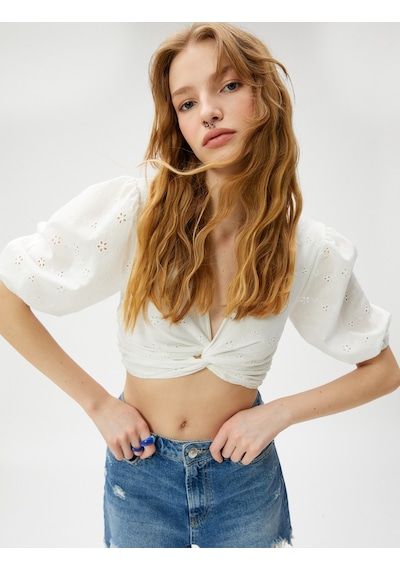 Koton Crop Bluz Brode Balon Kollu Önü Büzgülü Beyaz 3sal60067ıw 3SAL60067IW000 Beyaz